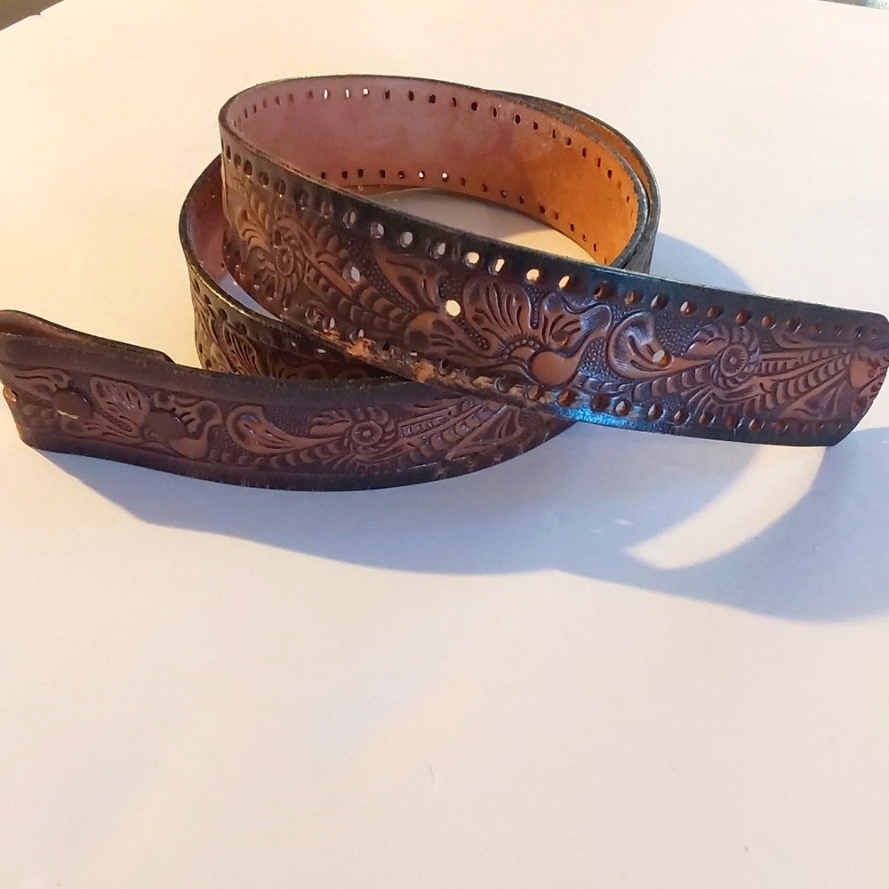 Vintage Mens Brown Hand Tooled Premium Leather Floral Style Dress Belt Sz.38